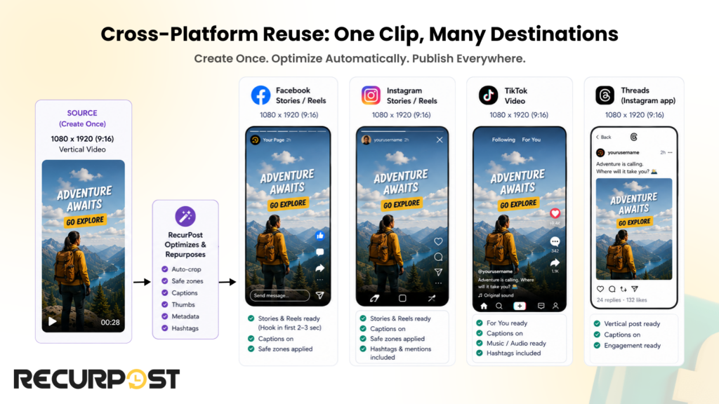 One 1080 by 1920 vertical clip reused across Facebook, Instagram, TikTok and Threads from RecurPost