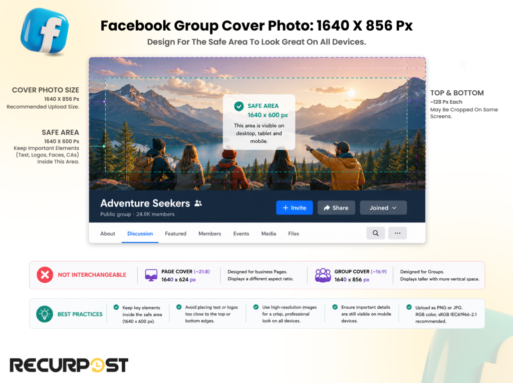 Facebook Group cover 1640 by 856 with central 1640 by 600 safe area overlay in RecurPost scheduler