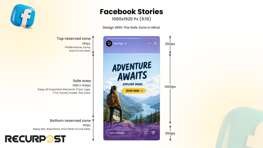 RecurPost Facebook Scheduler Stories 1080 by 1920 nine sixteen vertical safe zone top bottom margins