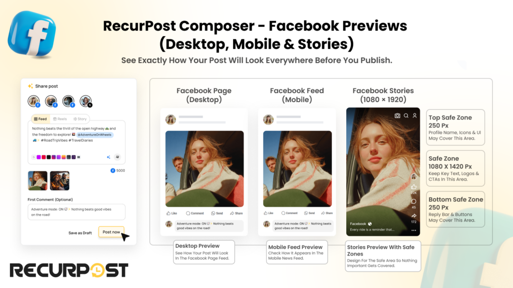 RecurPost composer Facebook preview showing desktop and mobile card render with Stories safe-zone overlay